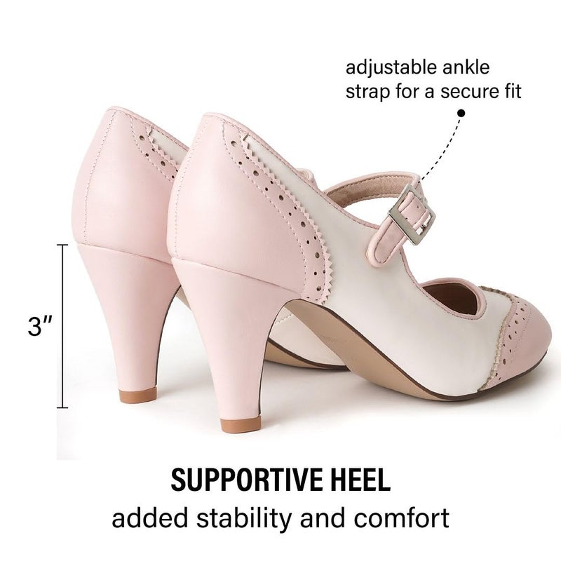 J. Adams Kym Mary Jane Shoes Women Oxford Pumps - Cute Low Kitten High Heels - Retro Vintage Shoes for Women 1950s Mary Janes Round Toe Shoe with Ankle Strap - Image 4